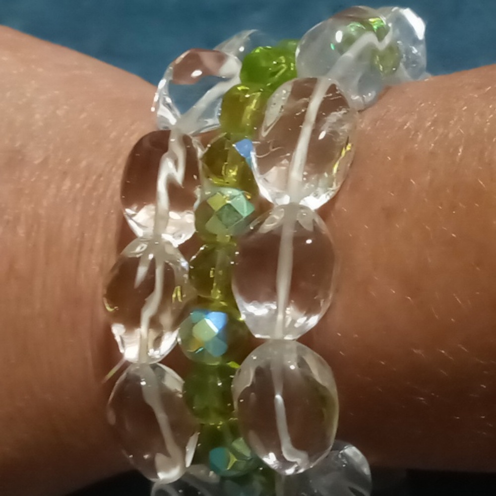 Large 3 glass beaded Expandable 1 Opalescent green crystal cut 2 clear.